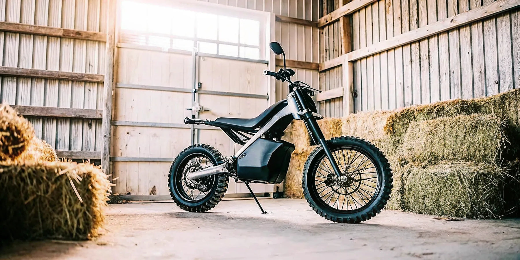 Segway Xaber 300 electric dirt bike for farm use parked in a barn.