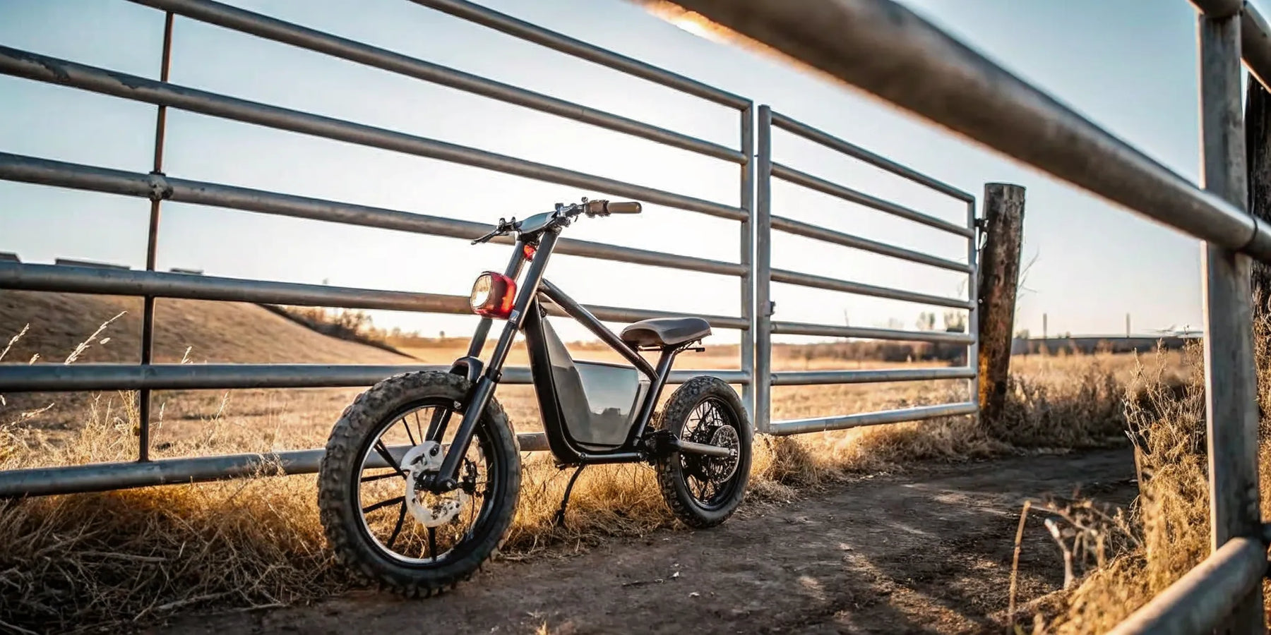 Segway Xaber 300 electric dirt bike on a dirt path by a ranch gate.