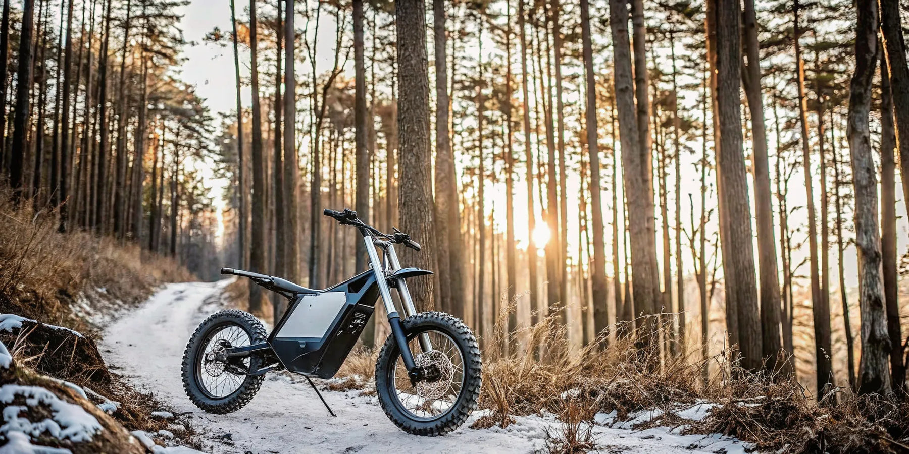 Segway Xaber 300 electric motorcycle on a snowy forest trail.