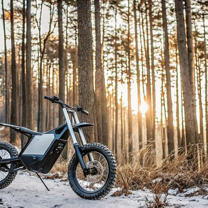 Segway Xaber 300 electric motorcycle on a snowy forest trail.