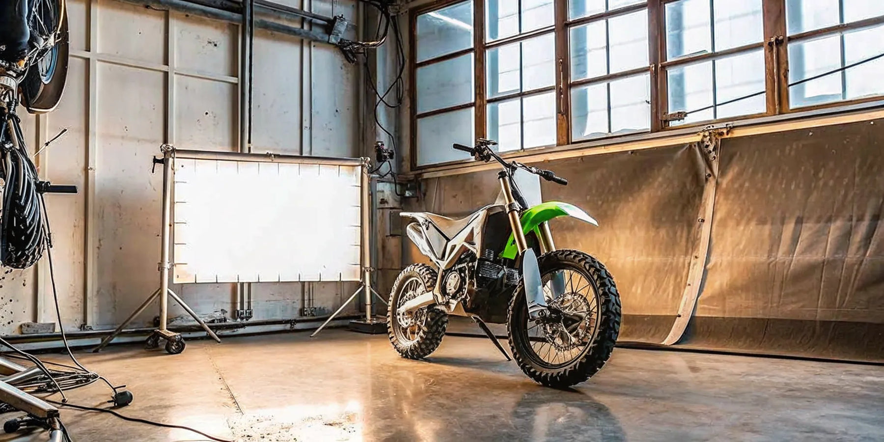 A Segway Xaber 300 off-road electric motorcycle parked in a garage.