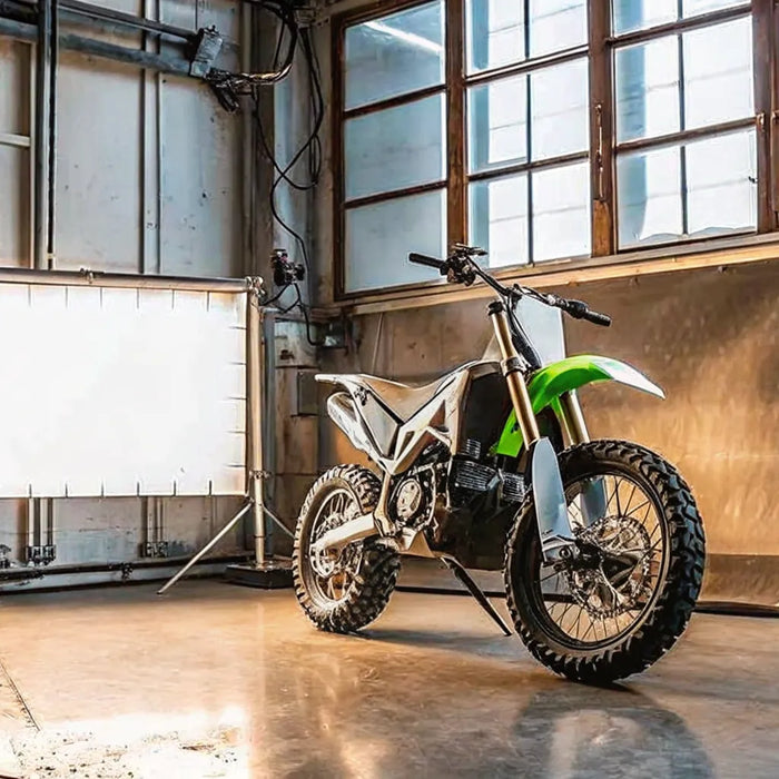 A Segway Xaber 300 off-road electric motorcycle parked in a garage.