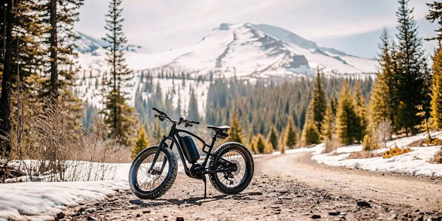 The Segway Xafari electric bike parked on a gravel trail in Central Oregon with Mt. Bachelor in the background.