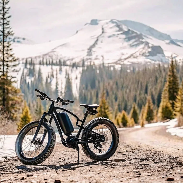 The Segway Xafari electric bike parked on a gravel trail in Central Oregon with Mt. Bachelor in the background.