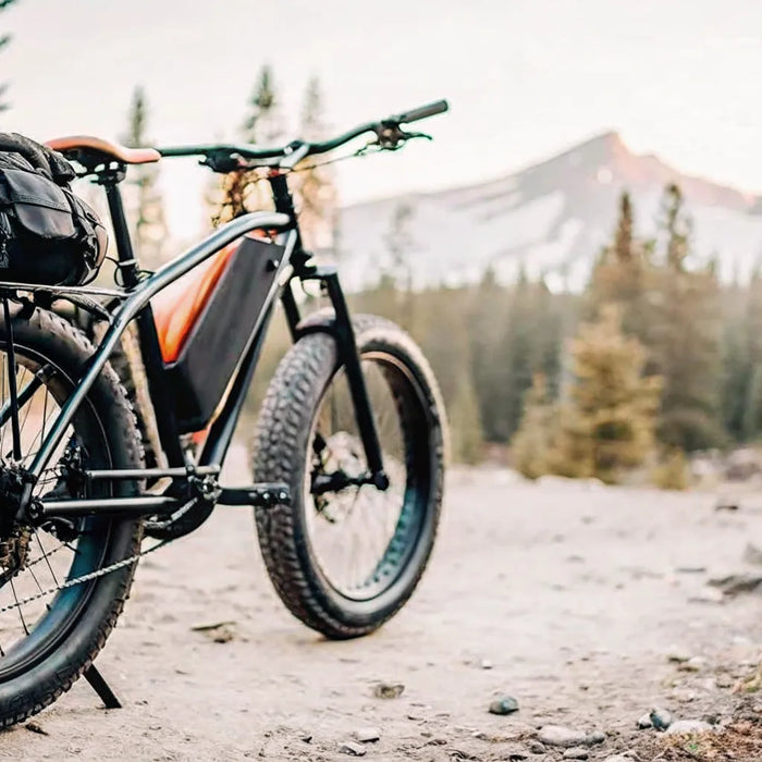 Segway Xafari Hunt Bike by Voltaire on a forest trail in Central Oregon with cargo rack and 4-inch tires