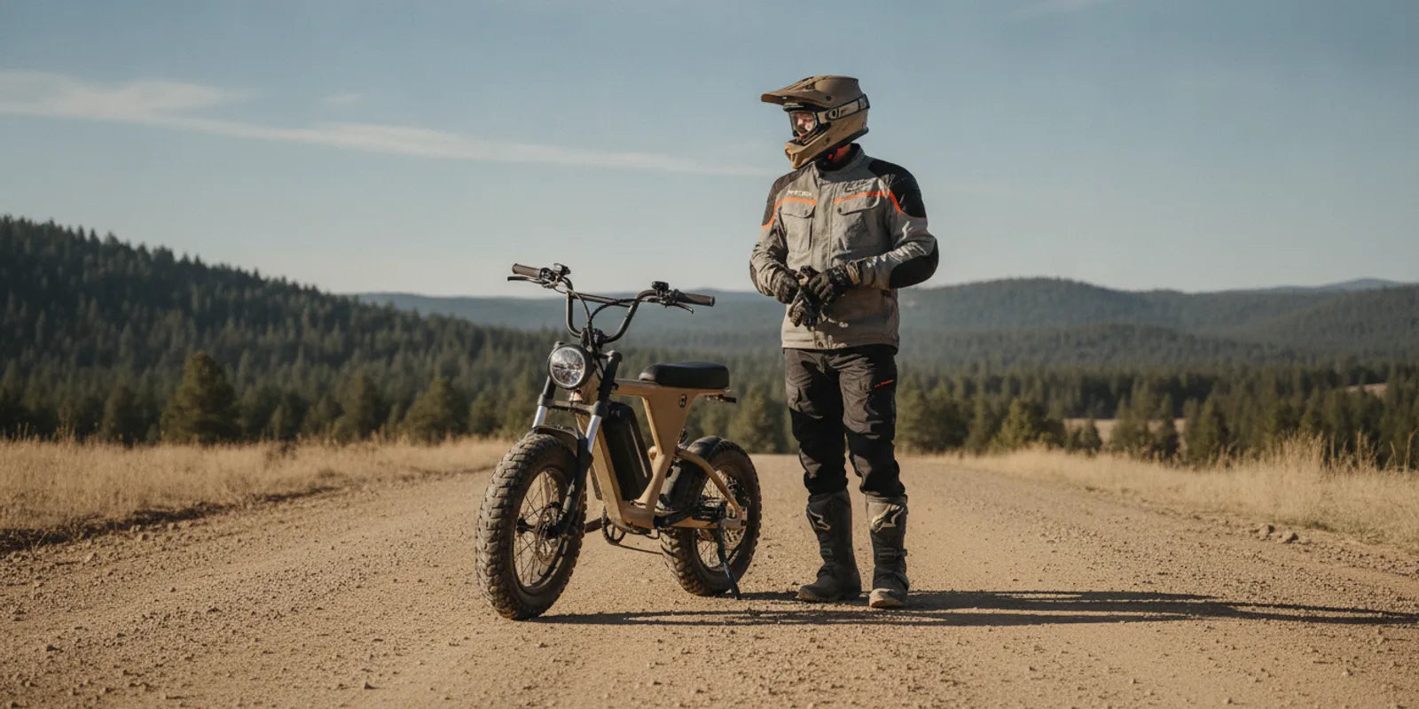 Stealth H52-style mini-moto electric bike on a wide dirt road with a rider wearing protective gear