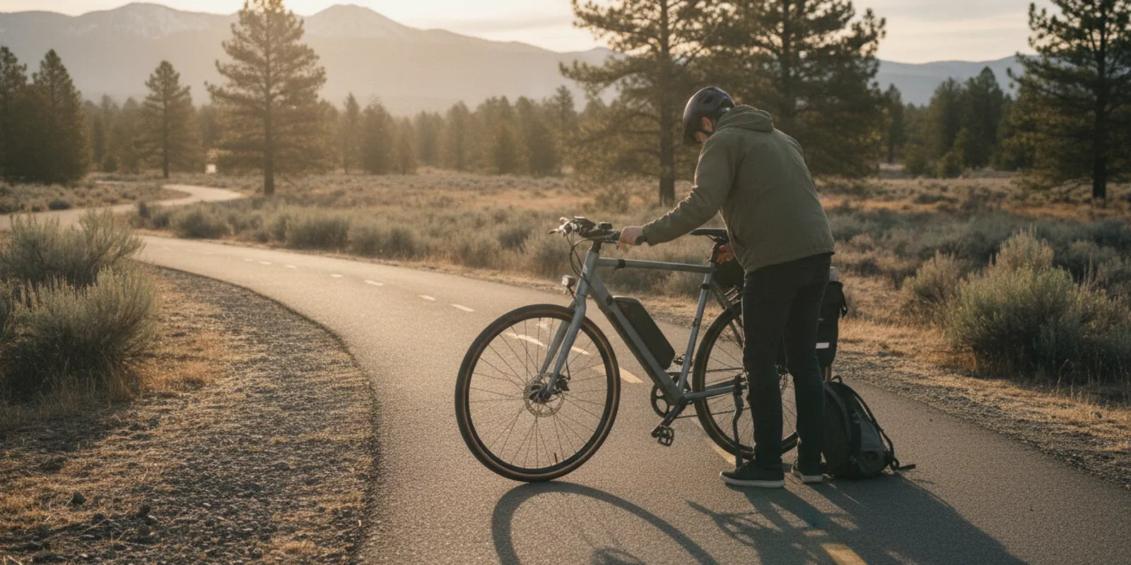 Stealth P7 super commuter electric bike parked beside a paved commuter route