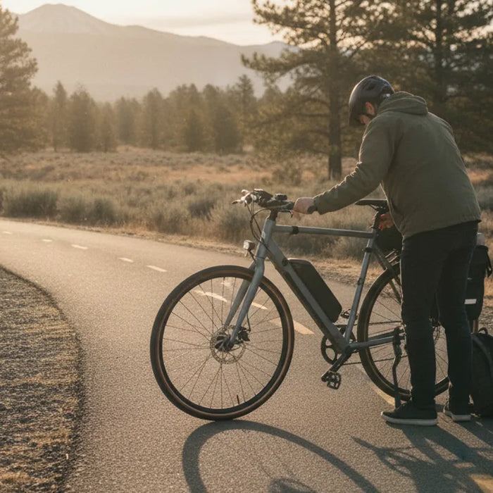 Stealth P7 super commuter electric bike parked beside a paved commuter route