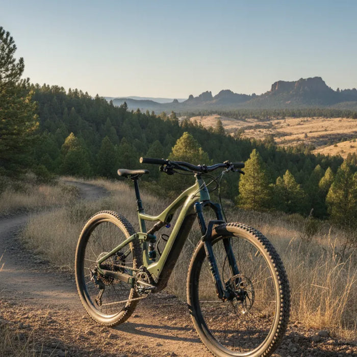 Stealth-style electric bike being evaluated on a Central Oregon trail