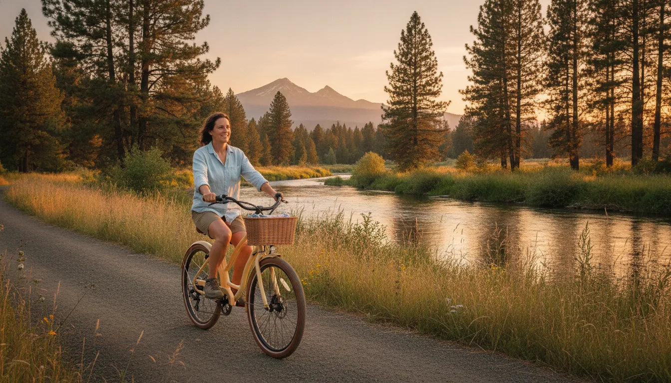 A rider gliding along a Central Oregon riverside path on a step-through cruiser electric bike