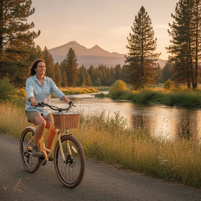 A rider gliding along a Central Oregon riverside path on a step-through cruiser electric bike