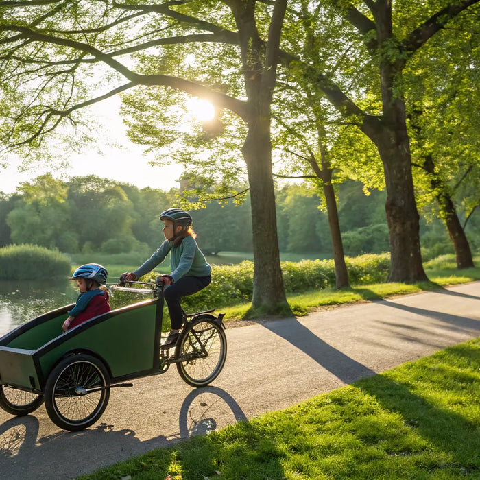 A parent and child riding on one of the best cargo bikes for one kid.