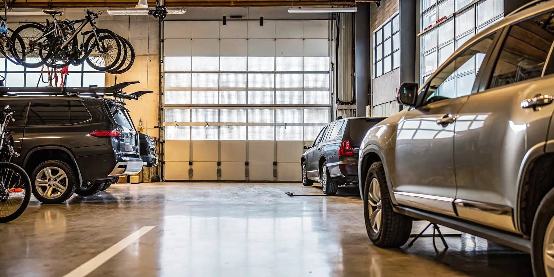Two SUVs in a garage with bike racks suited for the extra weight of electric bikes.