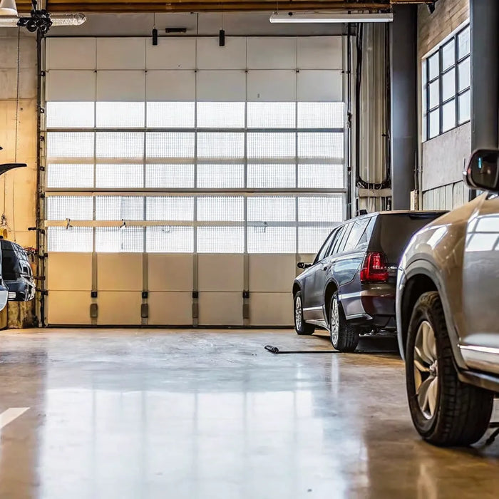 Two SUVs in a garage with bike racks suited for the extra weight of electric bikes.
