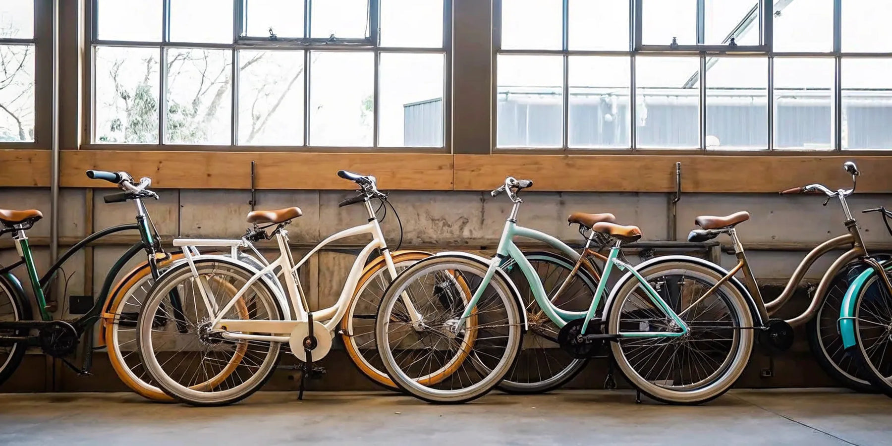 A lineup of the best cruiser ebikes in a sunlit bike shop.