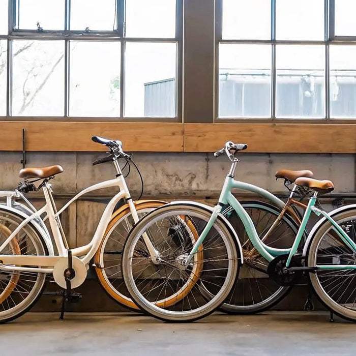 A lineup of the best cruiser ebikes in a sunlit bike shop.