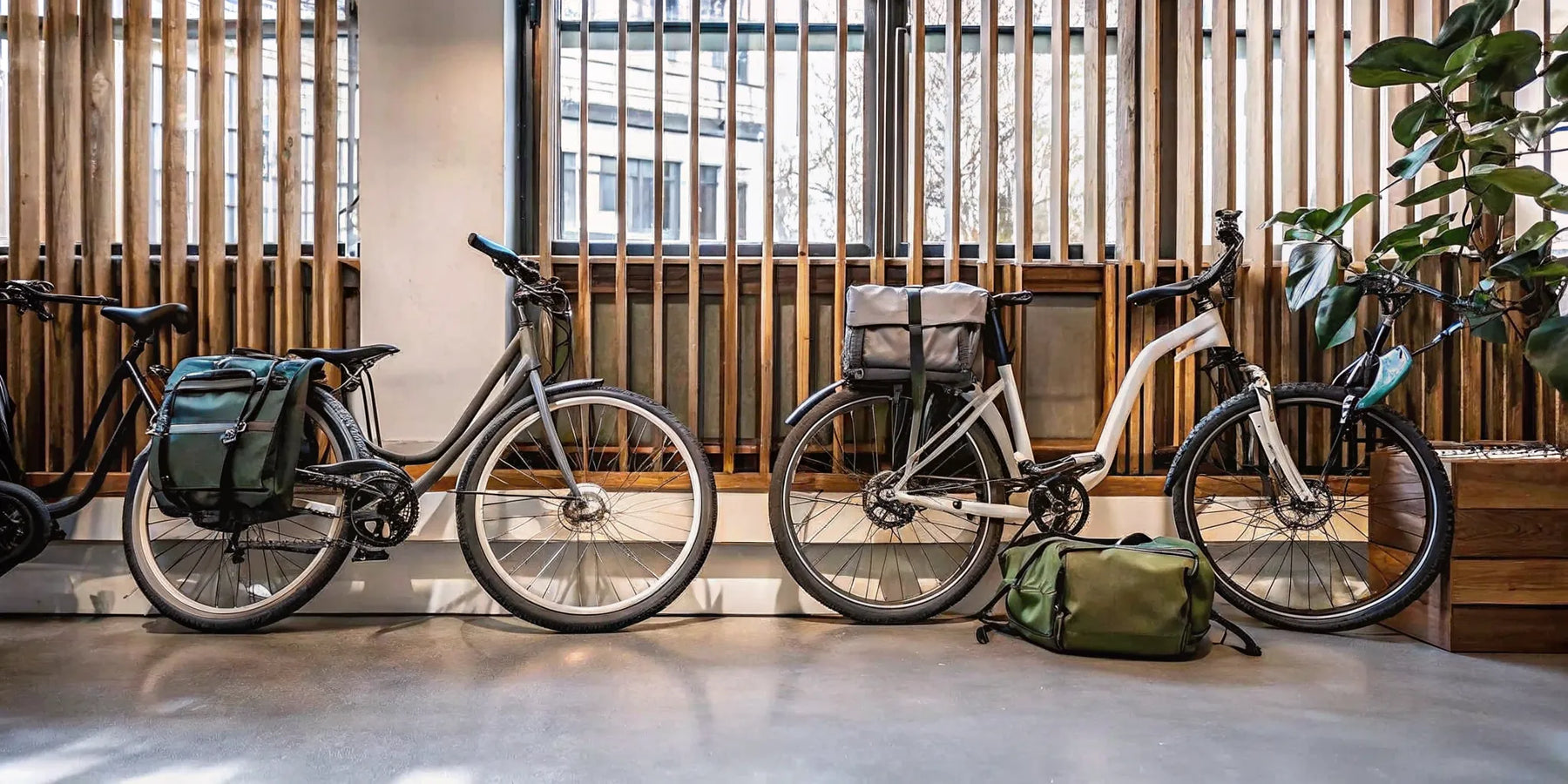 Three of the best electric bikes under $1000 parked indoors with commuter bags.