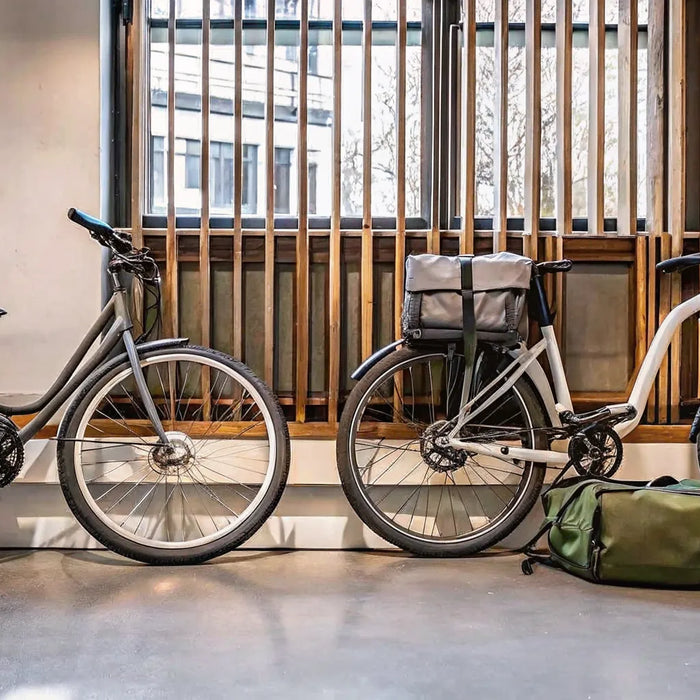 Three of the best electric bikes under $1000 parked indoors with commuter bags.
