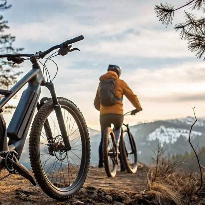 Best off-road electric bike for adults on a mountain trail at sunset with snowy hills.