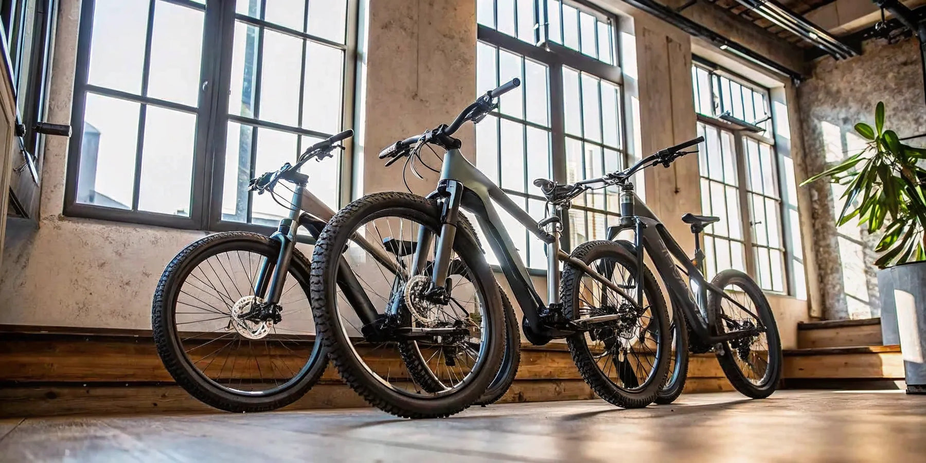 Three off-road electric bikes for adults with pedals.