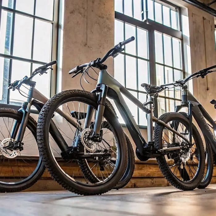 Three off-road electric bikes for adults with pedals.