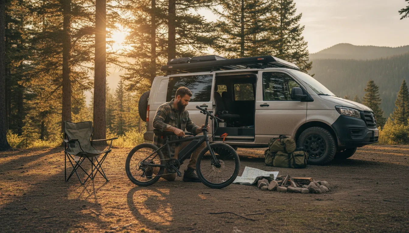 Traveler folding a compact electric bike beside a camper van at a mountain campsite
