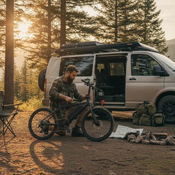 Traveler folding a compact electric bike beside a camper van at a mountain campsite