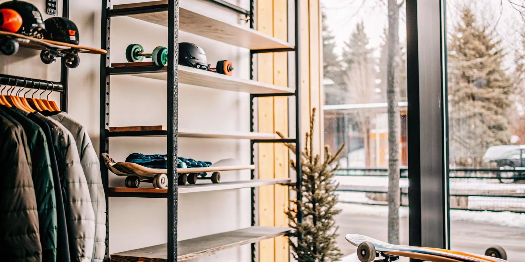 Selection of electric skateboards at a local shop in Bend, Oregon.
