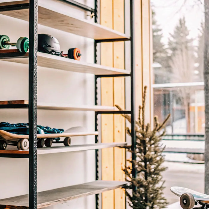 Selection of electric skateboards at a local shop in Bend, Oregon.