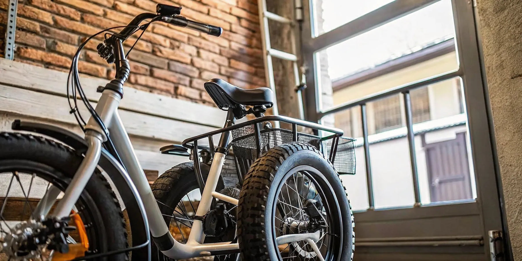 A folding fat tire electric trike with a rear cargo basket parked inside a garage.