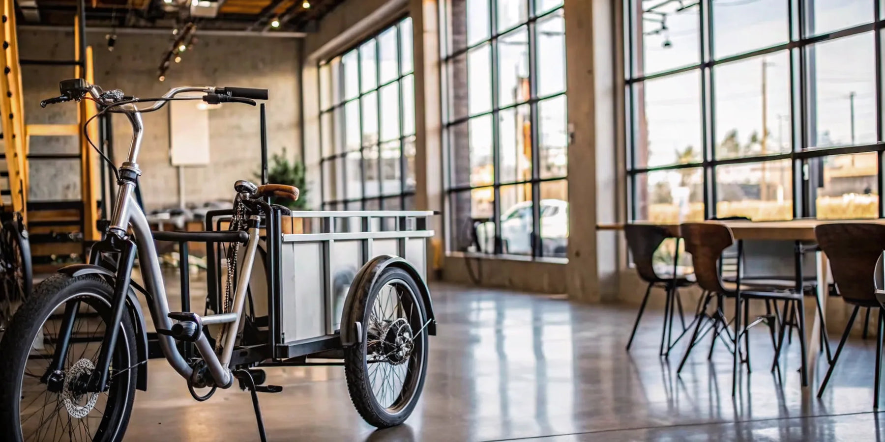 A modern electric tricycle for sale with a cargo basket on display in a showroom.