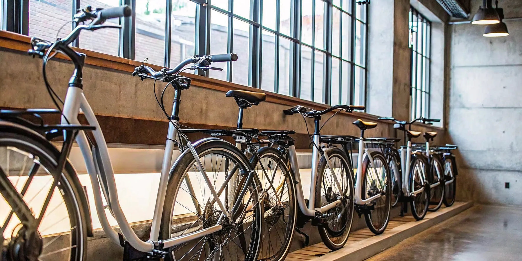A lineup of electric bikes with 2 child seats.