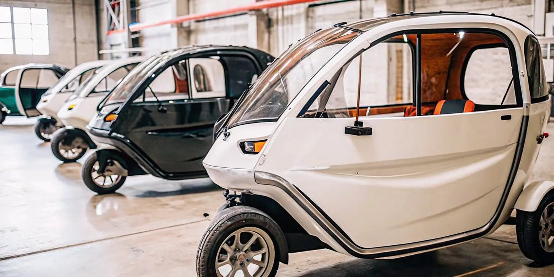 A modern enclosed electric tricycle for adults with a weather-proof cabin.