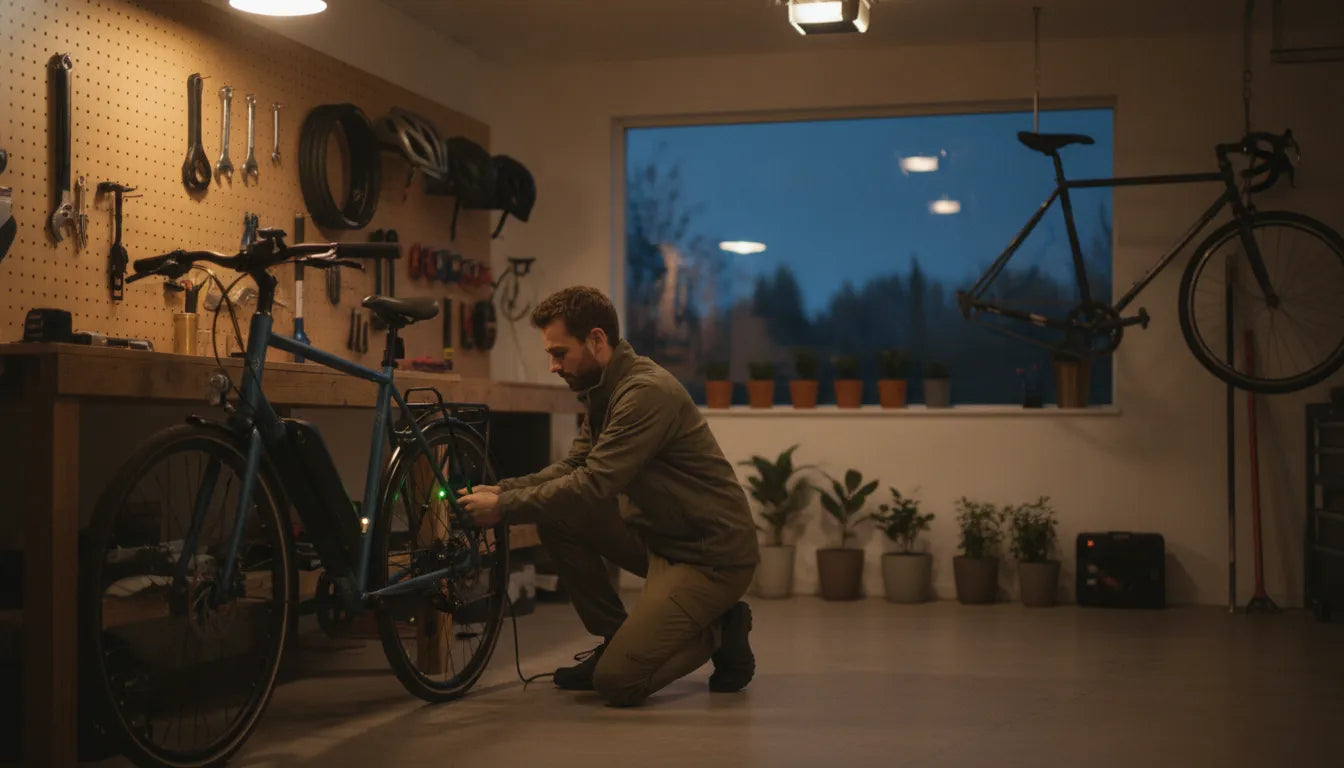 Person charging a torque-sensing Segway e-bike battery at a household outlet