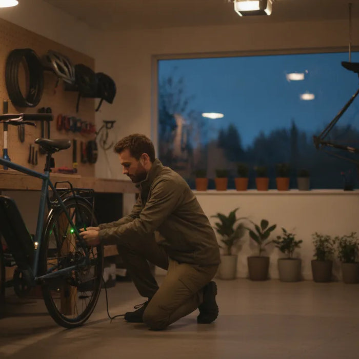 Person charging a torque-sensing Segway e-bike battery at a household outlet