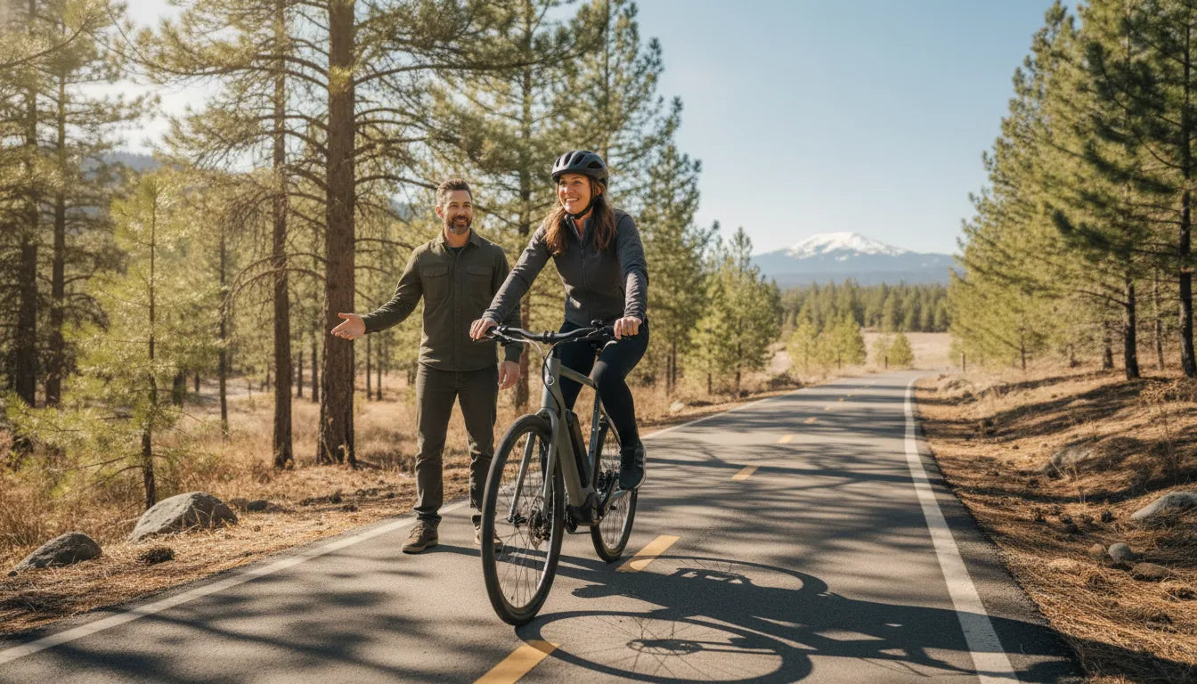 Electric bicycle in a Bend Oregon showroom for a torque-sensing e-bike test ride
