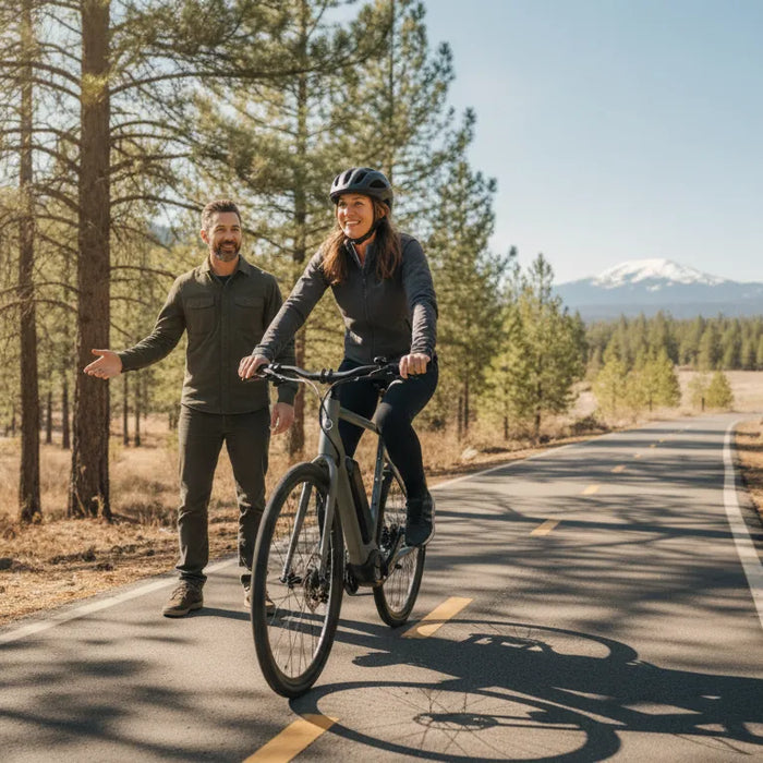 Electric bicycle in a Bend Oregon showroom for a torque-sensing e-bike test ride
