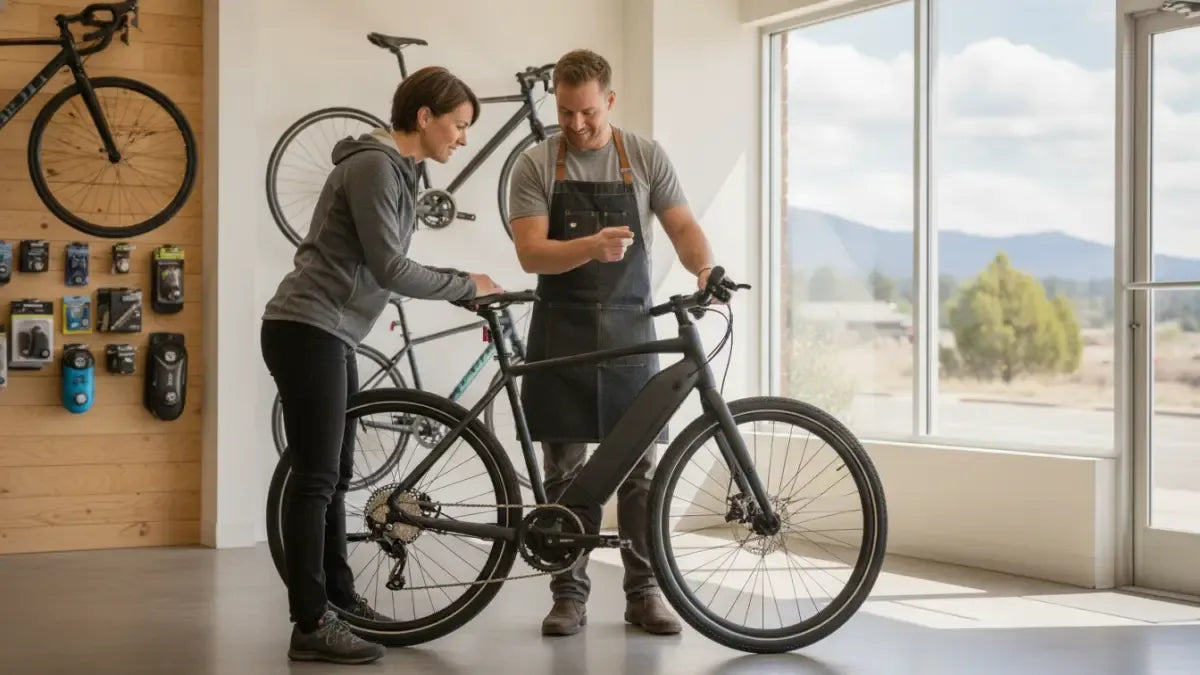 Shopper and bicycle specialist evaluating a torque-sensing e-bike for torc sensing ebike discount deals