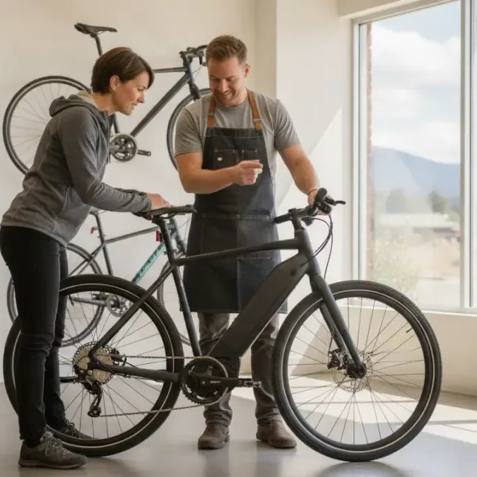 Shopper and bicycle specialist evaluating a torque-sensing e-bike for torc sensing ebike discount deals