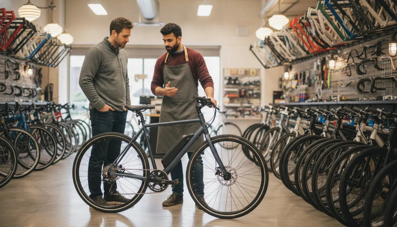 Rider reviewing a torque-sensing electric bicycle with a local specialist