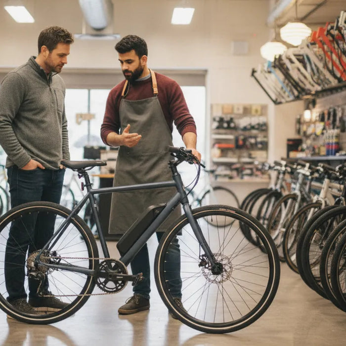 Rider reviewing a torque-sensing electric bicycle with a local specialist