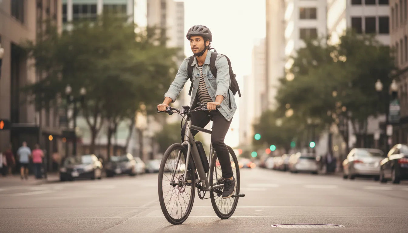 commuter riding a torque-sensing electric bike through a downtown street in Bend
