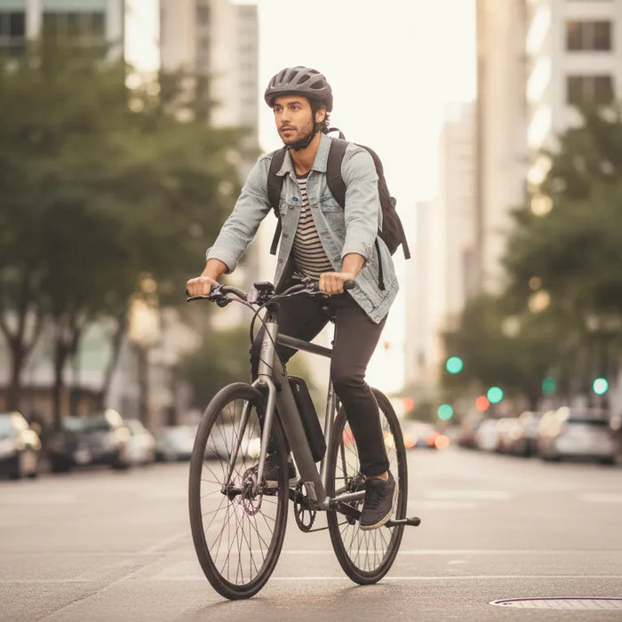 commuter riding a torque-sensing electric bike through a downtown street in Bend