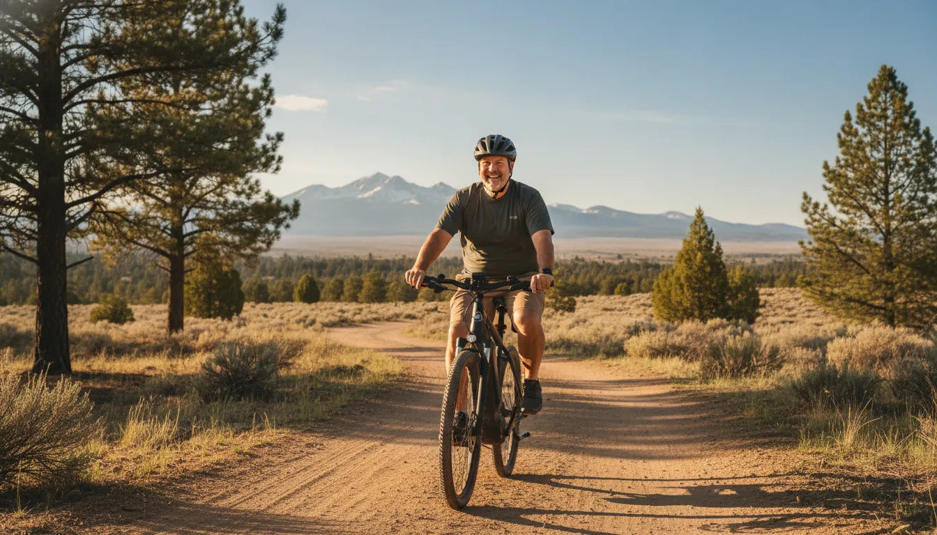 A heavier adult rider confidently testing an electric bike on a tree-lined path near Bend, Oregon