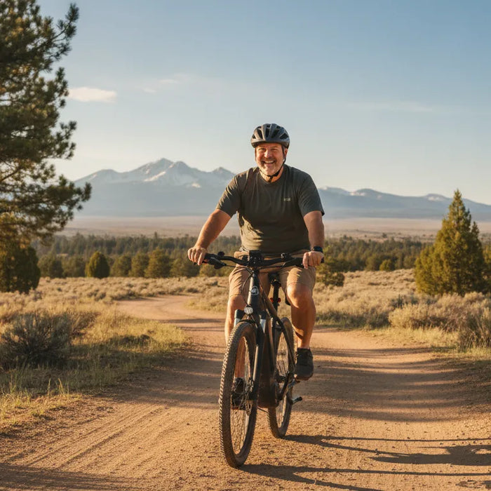 A heavier adult rider confidently testing an electric bike on a tree-lined path near Bend, Oregon