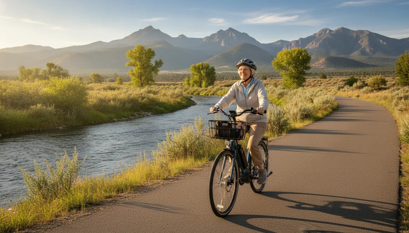 Senior riding a comfortable torque-sensing step-through e-bike along a Central Oregon riverside path