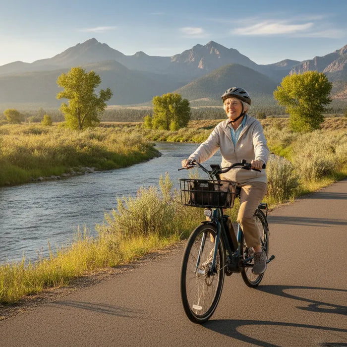 Senior riding a comfortable torque-sensing step-through e-bike along a Central Oregon riverside path