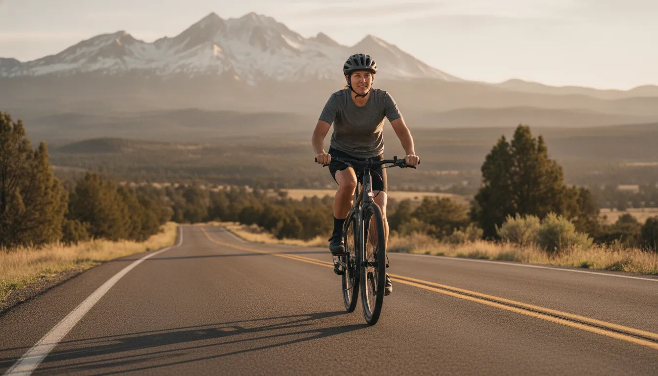Rider descending a Central Oregon road on a modern commuter e-bike