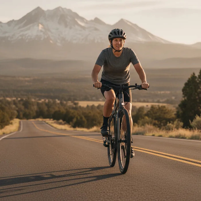 Rider descending a Central Oregon road on a modern commuter e-bike