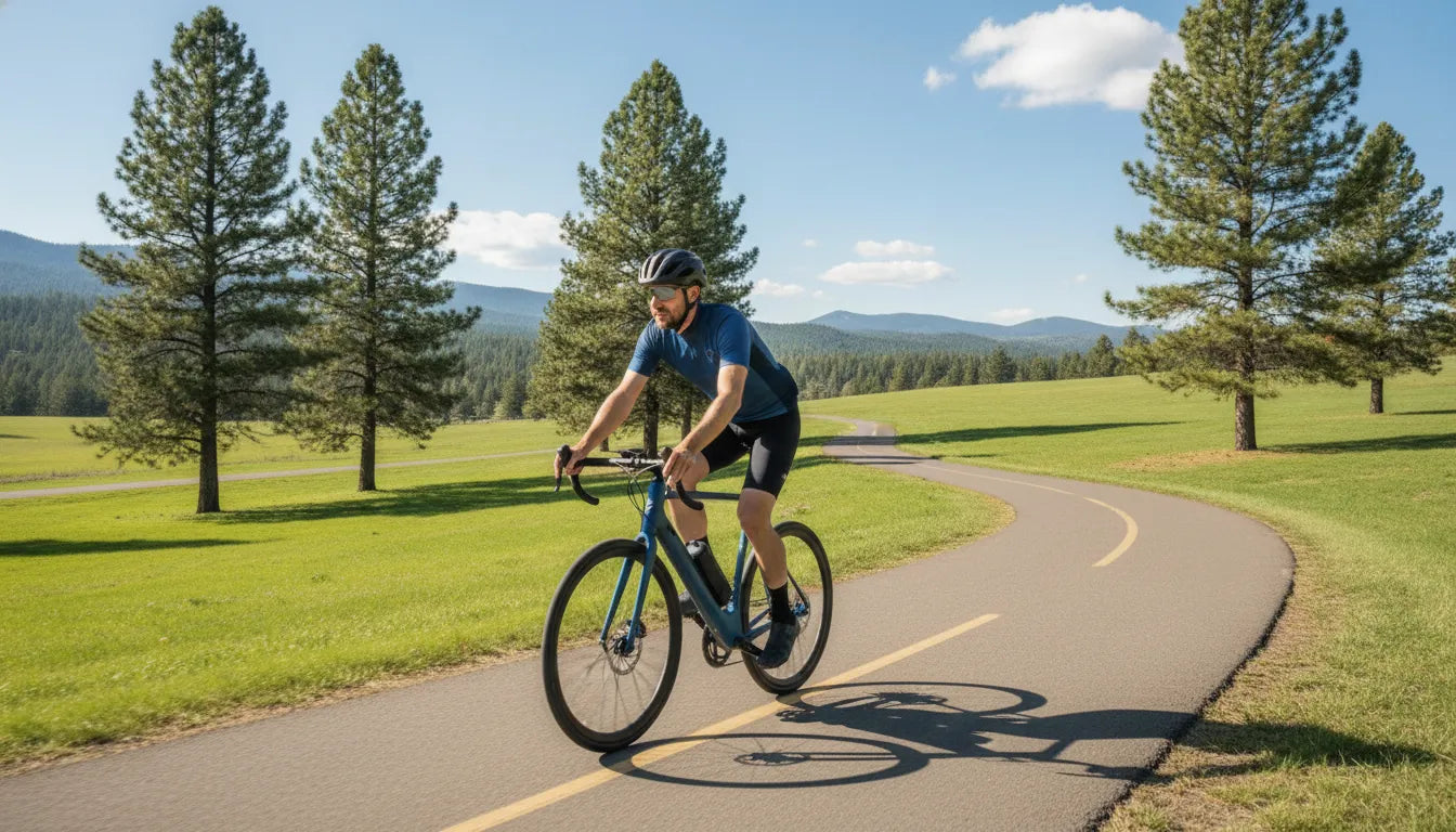 Cyclist riding a torque-sensing electric bike smoothly along a Central Oregon path